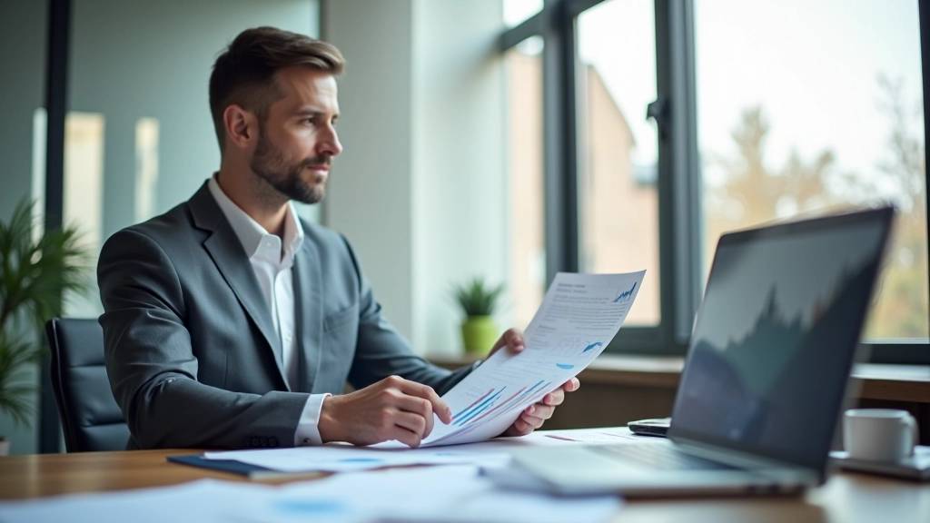 Podnikatel v kanceláři plánuje expanzi firmy, s notebookem a grafy na stole