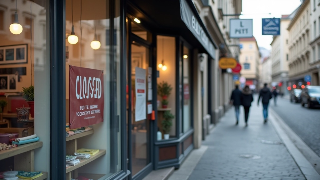 Uzavřená obchod s zavěšeným uzavřeným znakem během pandemie, prázdná ulice v Praze