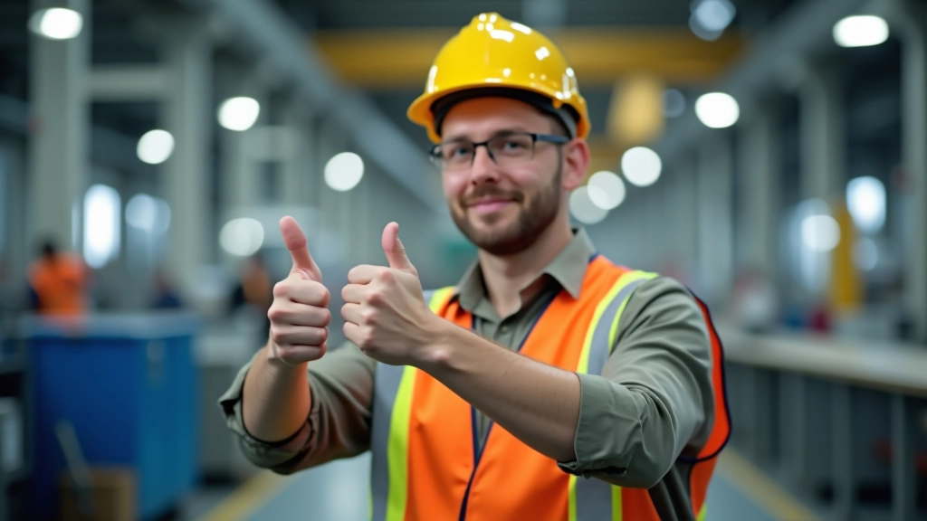 Průmyslová výroba s pracovníky u strojů a zvednutými palci, moderní továrna, denní světlo