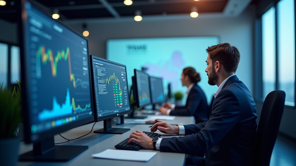 Moderní kancelářský prostor s počítači a ekonomickými grafy na obrazovkách, podnikatelé pracují v kanceláři