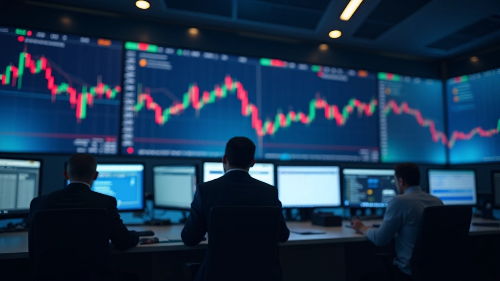 Fotografie obchodního sálu burzy s obchodníky sledujícími pokles tržních indexů